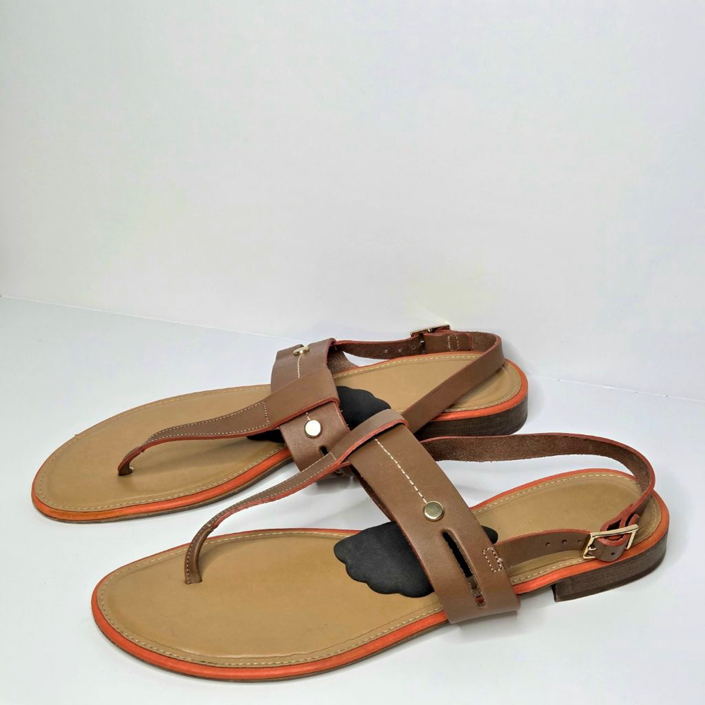 Coach and Four Italy Brown & Orange Leather T Bar Thong Sandals Women's Size 10